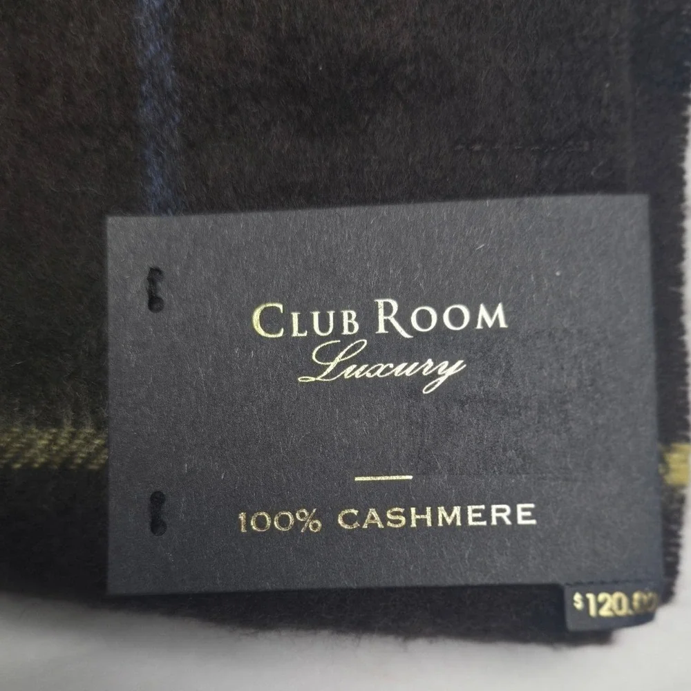 Club Room Scarf Mens  One Size Brown/Yellow Plaid 100%‎ Cashmere Fringe  NWT